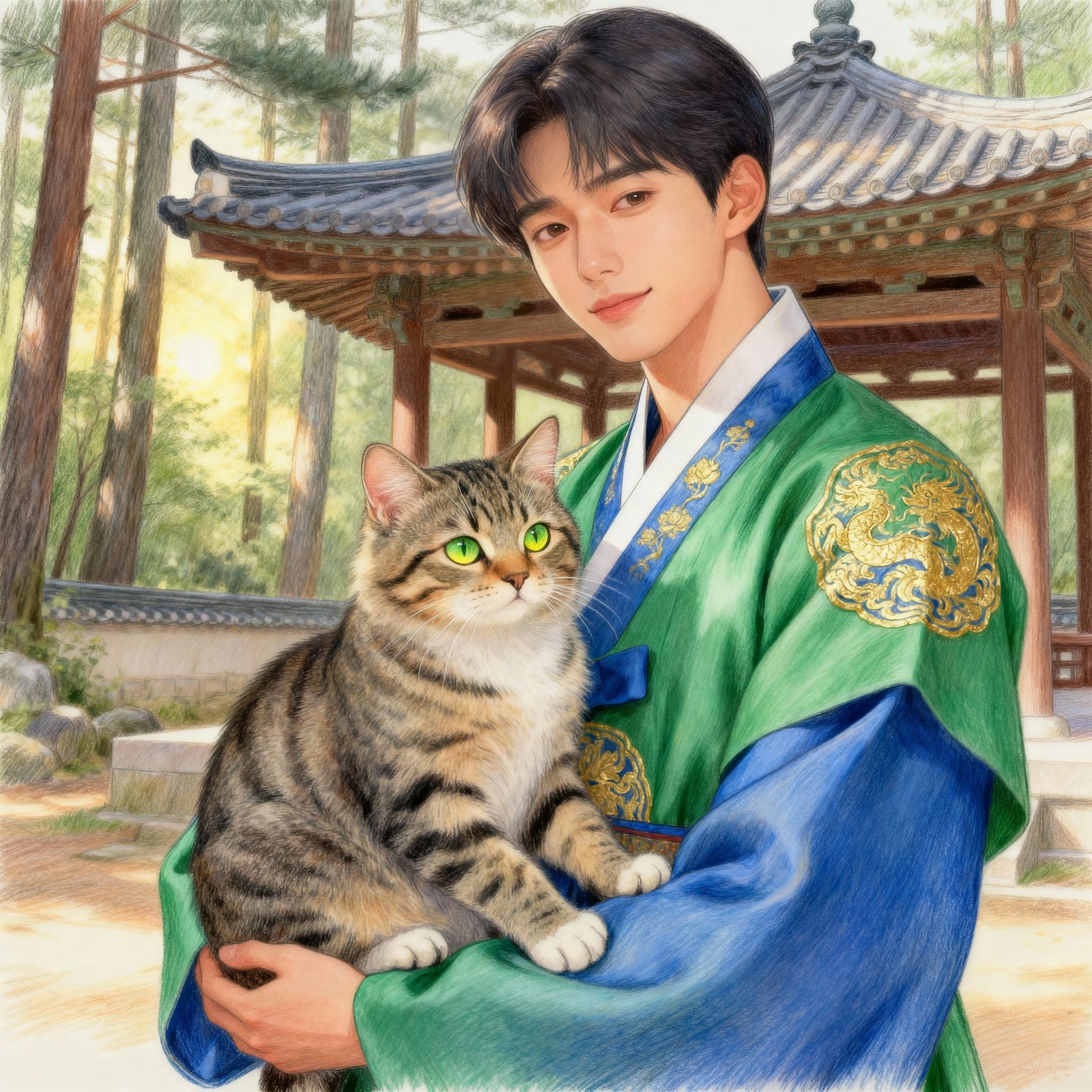 Manhwa Illustration: Man in Hanbok with Tabby Kitten