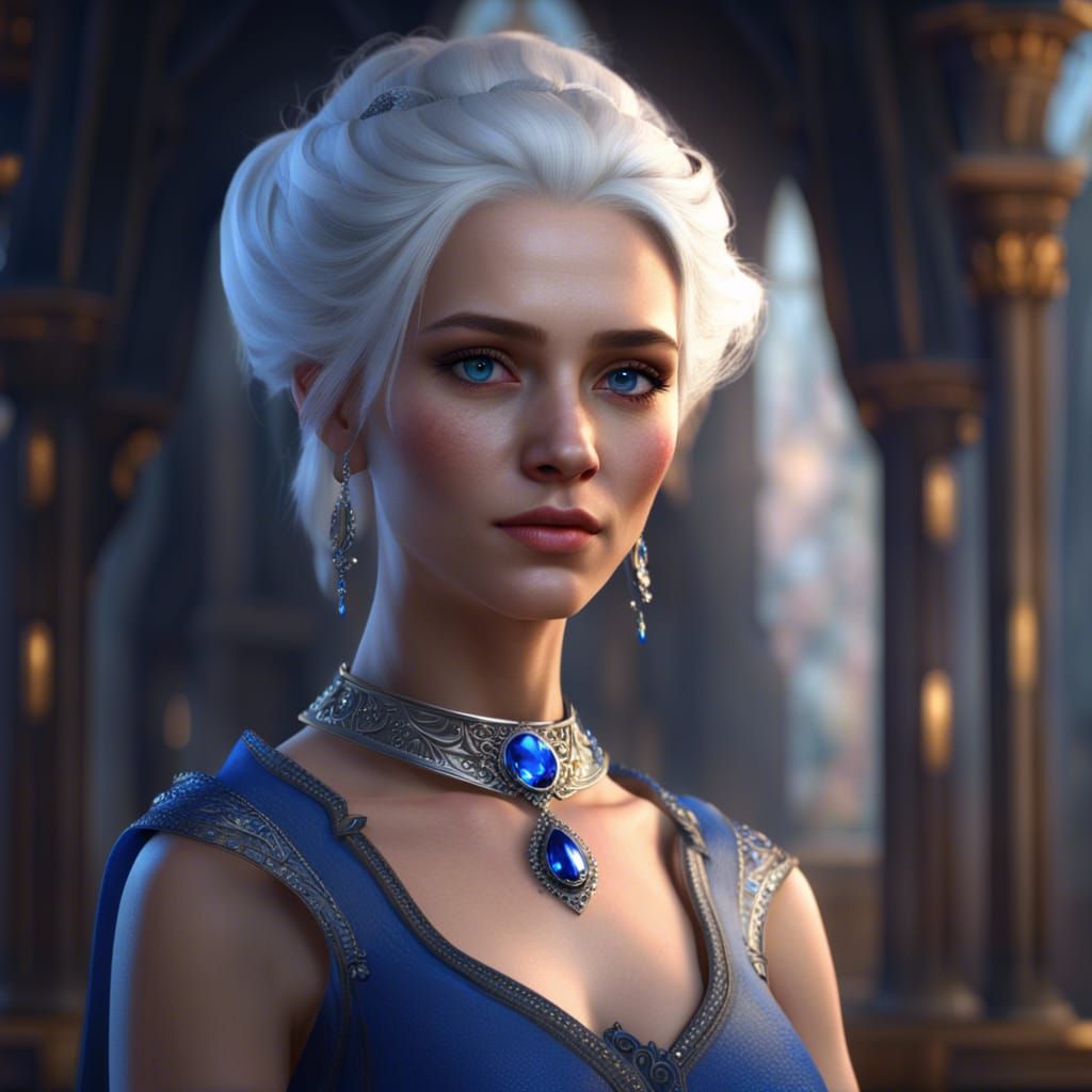 a princess with white hair in a ponytail blue eyes a sapphire tiara she is wearing a simple blue dress with sapphires in...