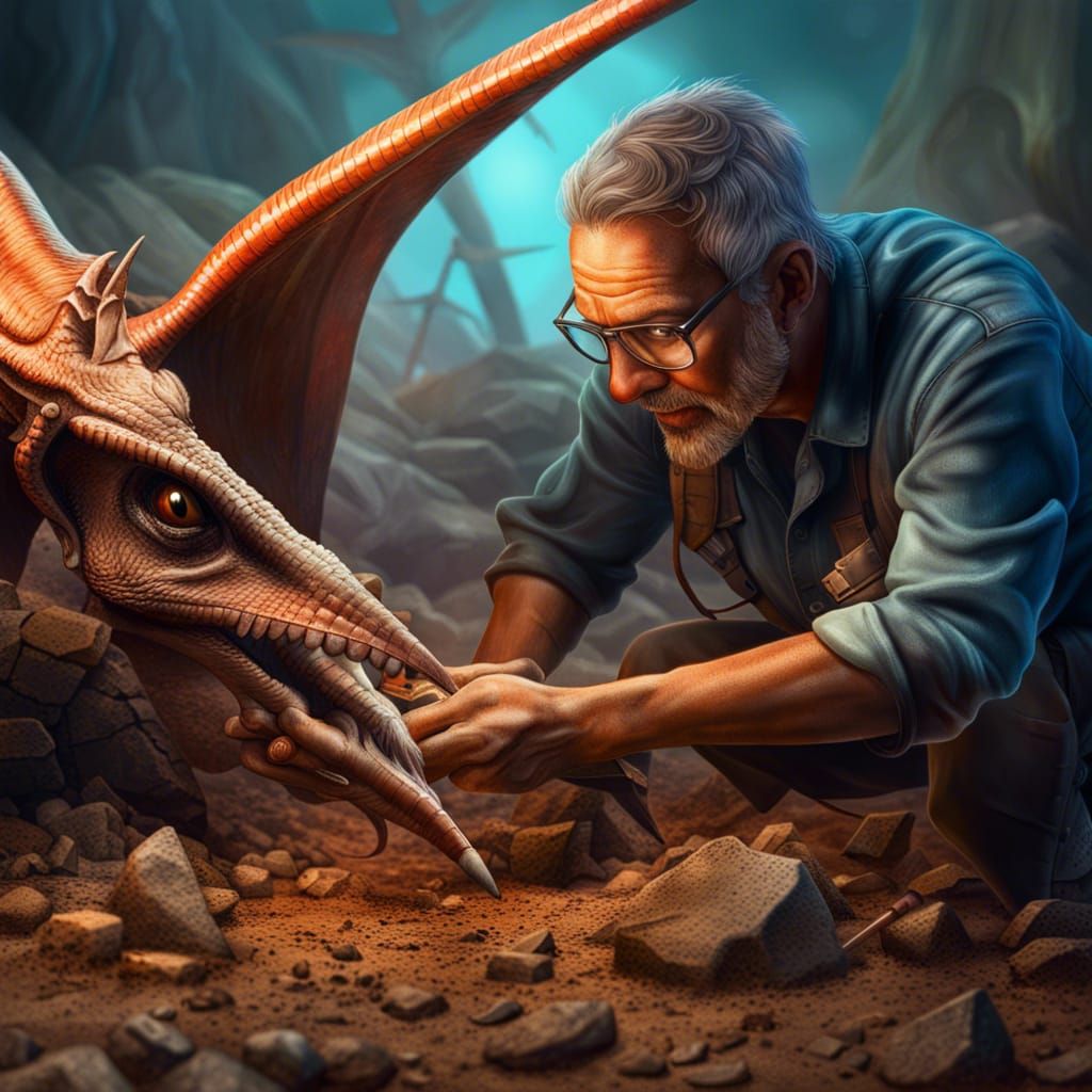 Archeologist digging up a pterodactyl Hyperrealistic, splash art, concept art, mid shot, intricately detailed, color dep...