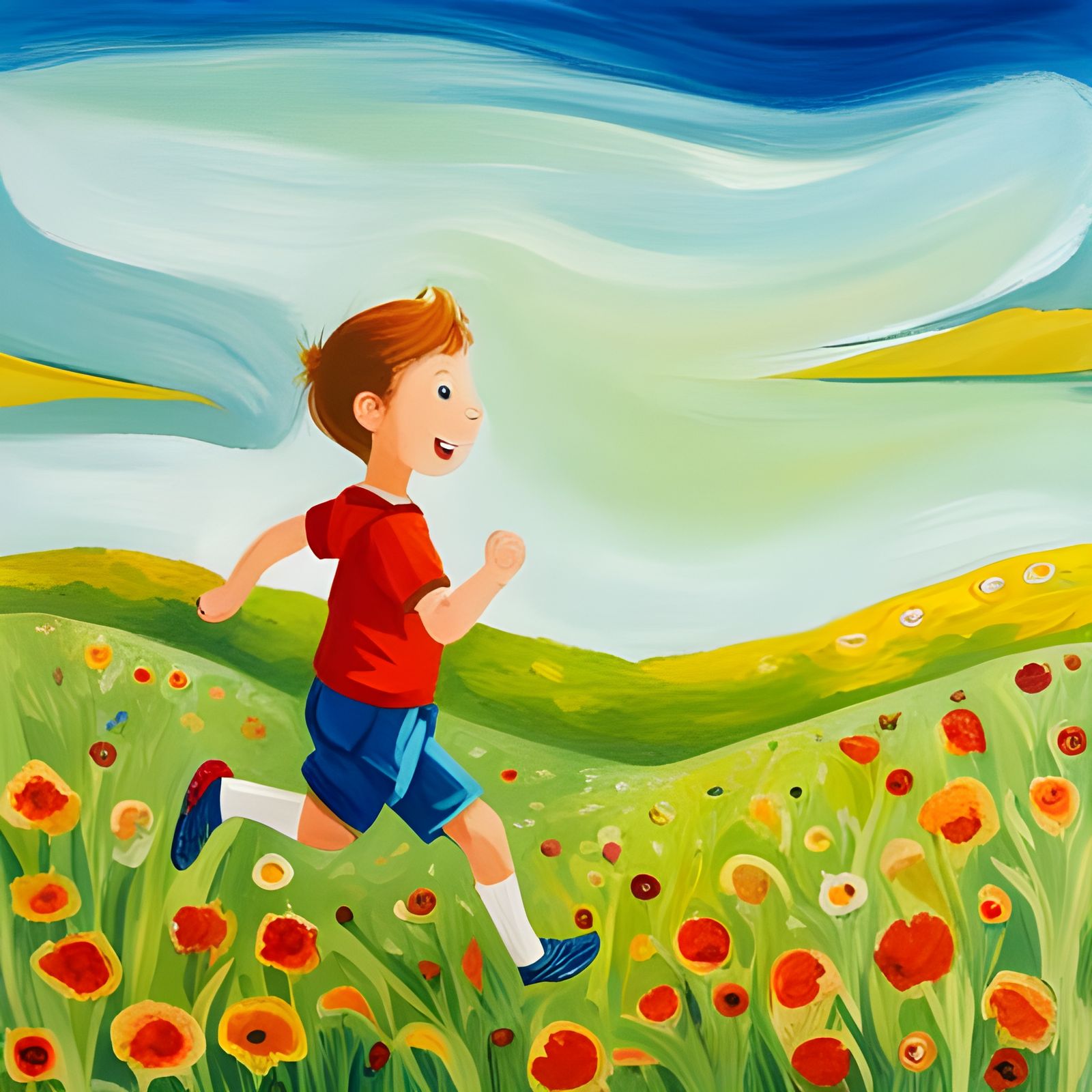 Joyful Boy and Puppy in Abstract Meadow