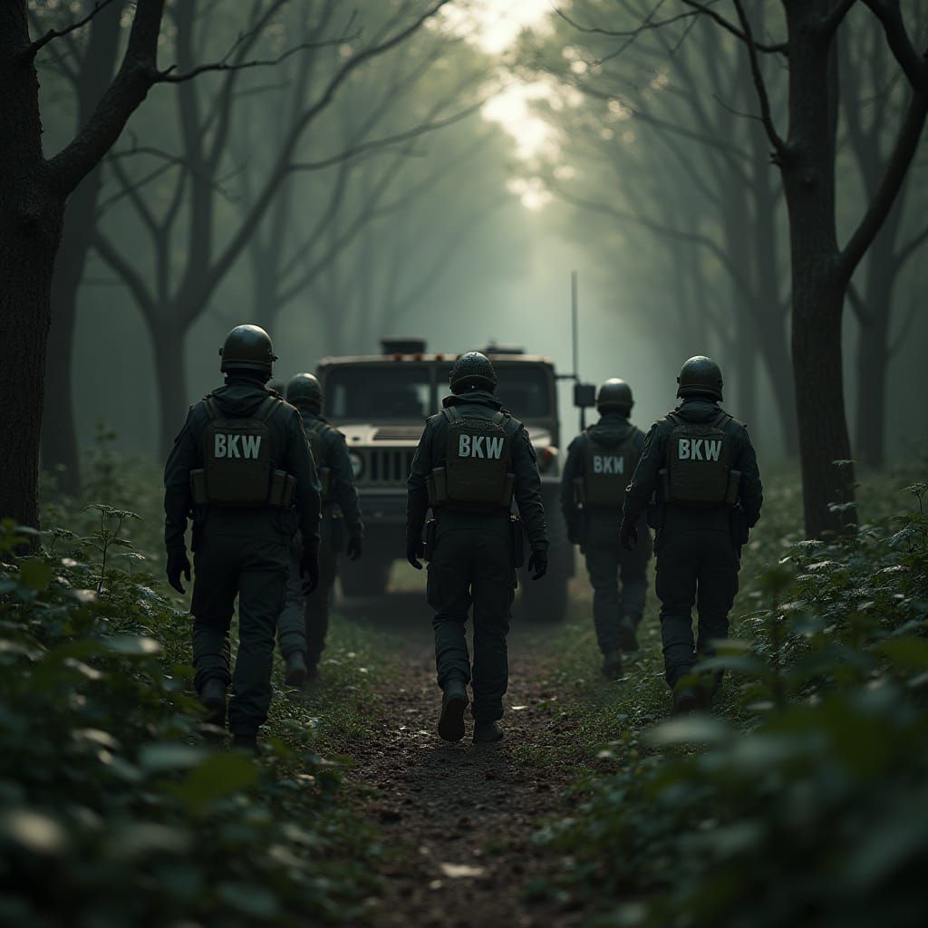 Survivors Clan Marches Behind a Weathered Humvee in a Post-A...