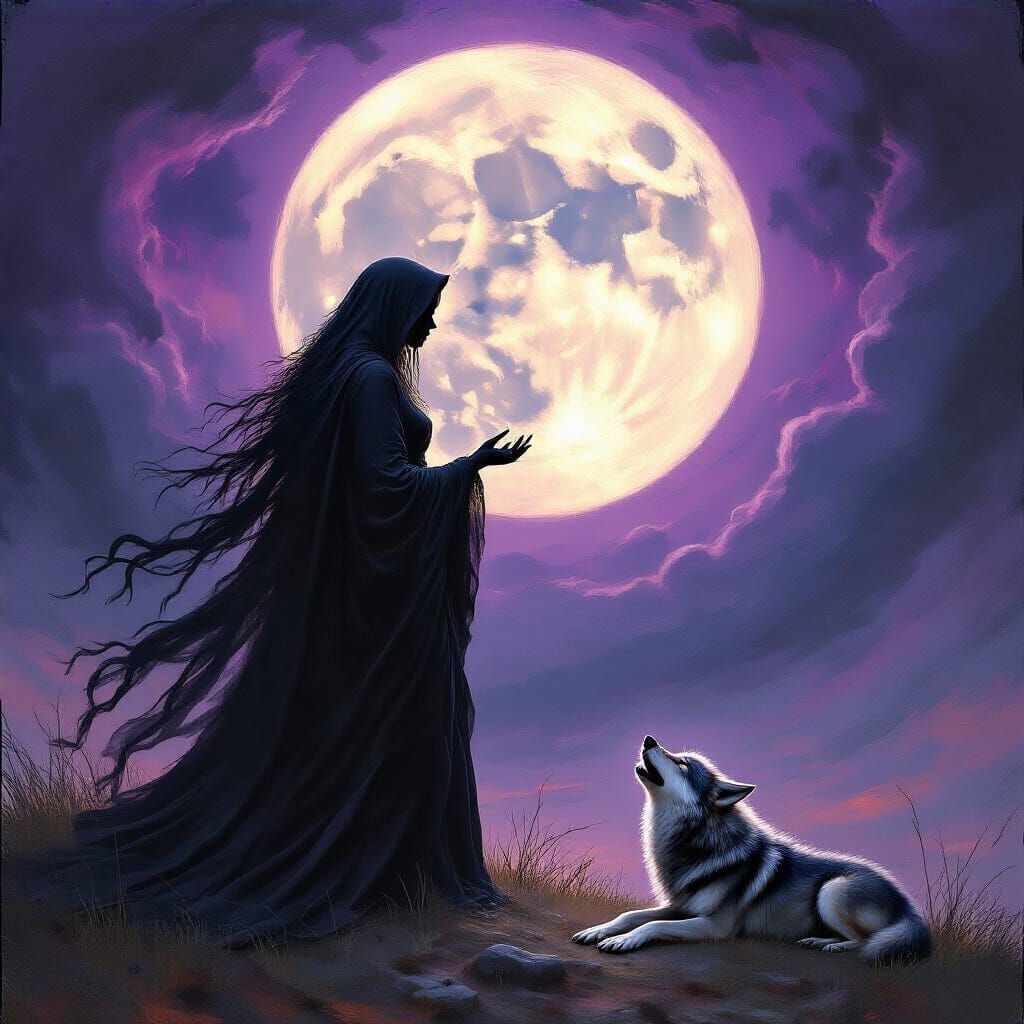 Hecate Silhouette with Howling Wolf, as Impasto Painting