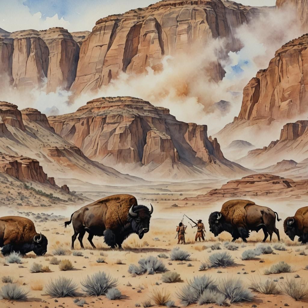 Native Americans Hunting Bison in Watercolour Desert