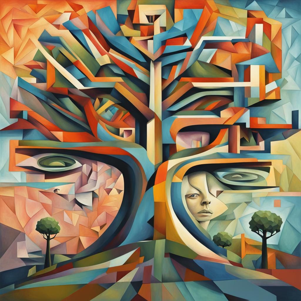 Surreal Brain Tree with Flowing Thoughts in Cubist Style