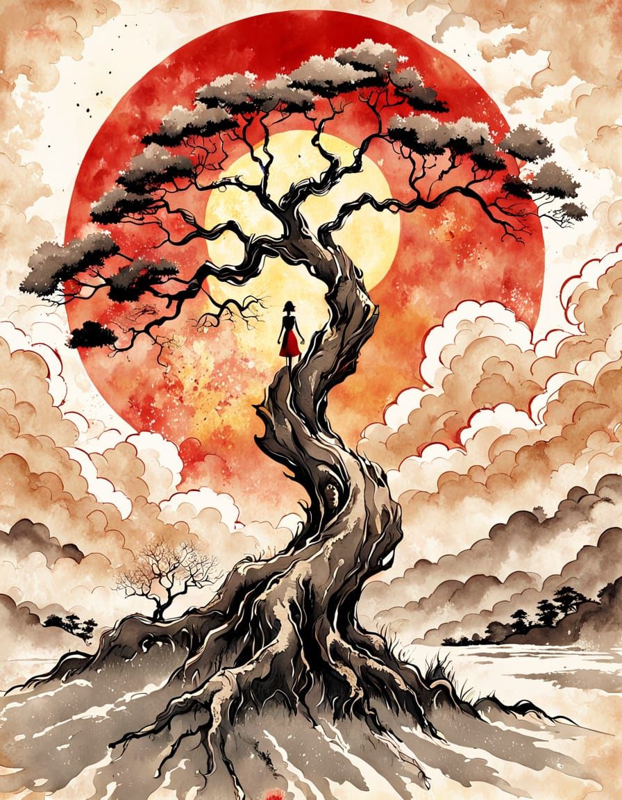 Detailed Ink Illustration of Old Tree with Red Sun