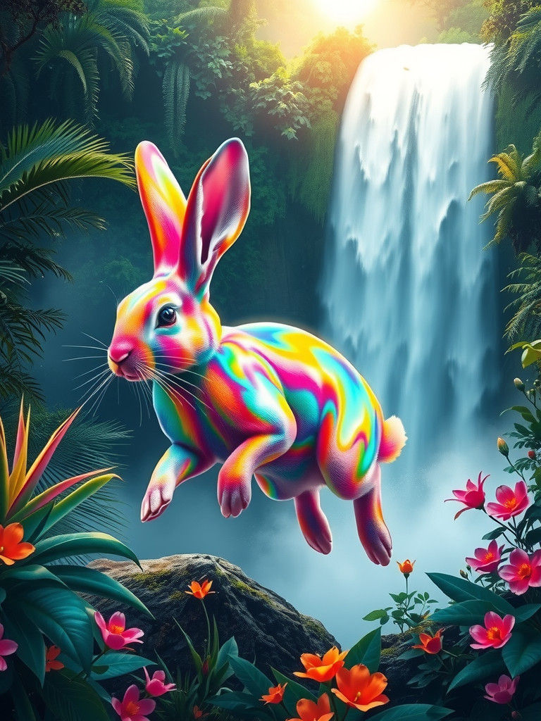 Rainbow Rabbit Leaping Through Amazon Waterfall