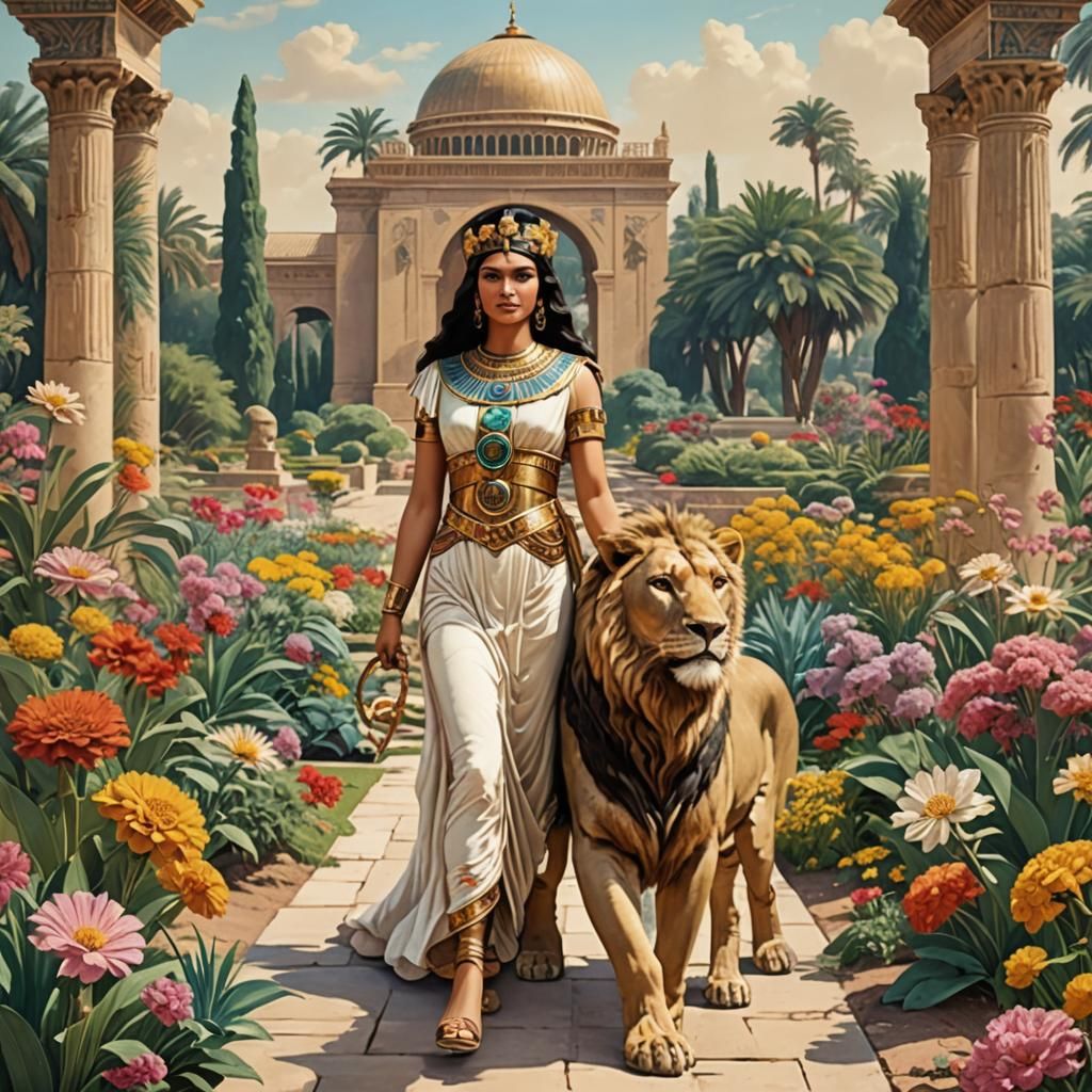 Cleopatra's Garden: A Regal Stroll with a Lion