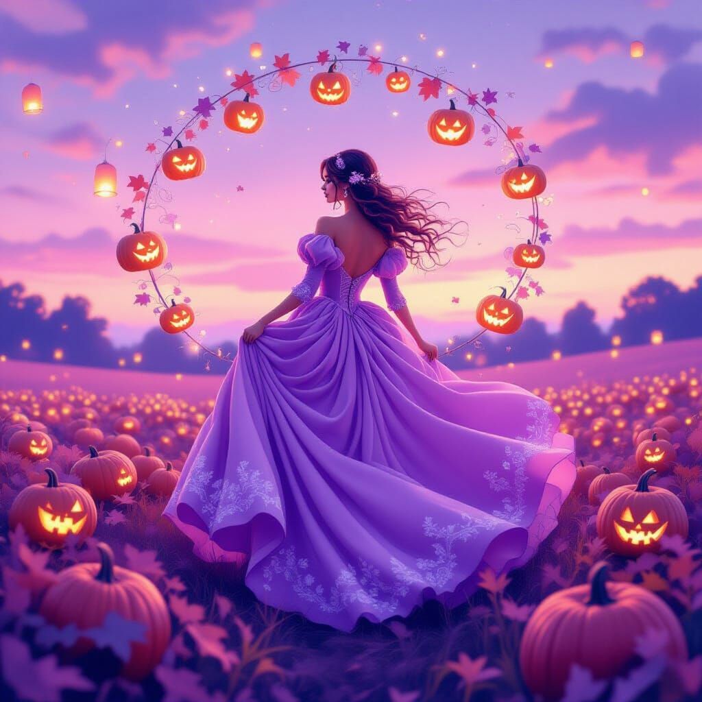 Lilac Velvet Gown with Floating Jack-o'-Lanterns