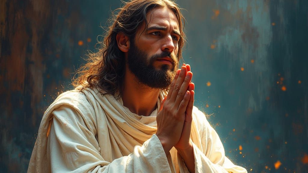 Jesus Praying in Hyperrealistic Splash Art Style