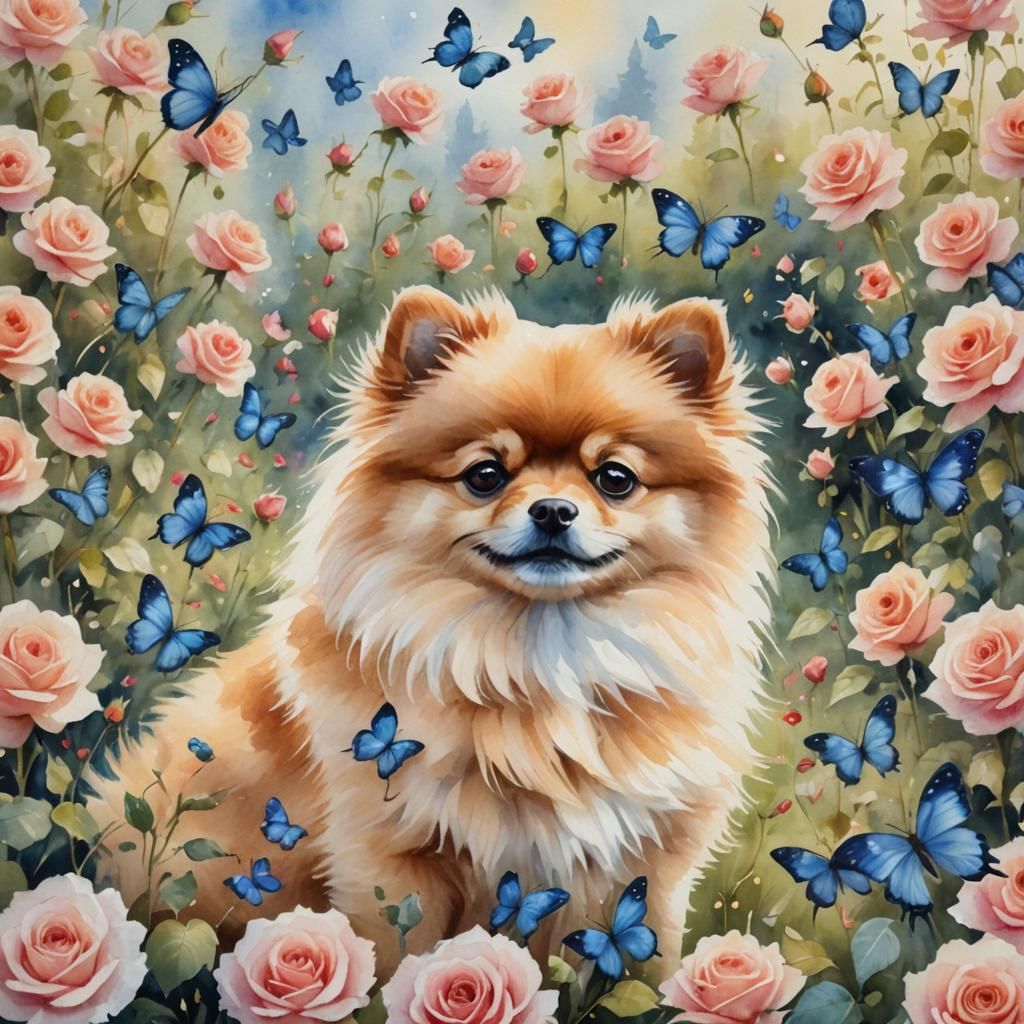 Pomeranian in Rose Field: Watercolor Painting
