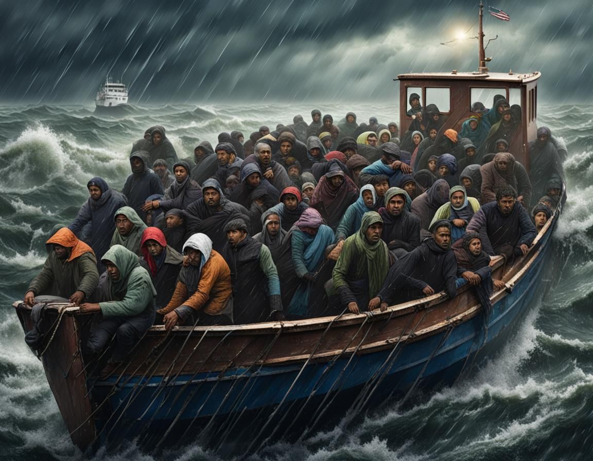 Desperate Immigrants on Stormy Sea Journey