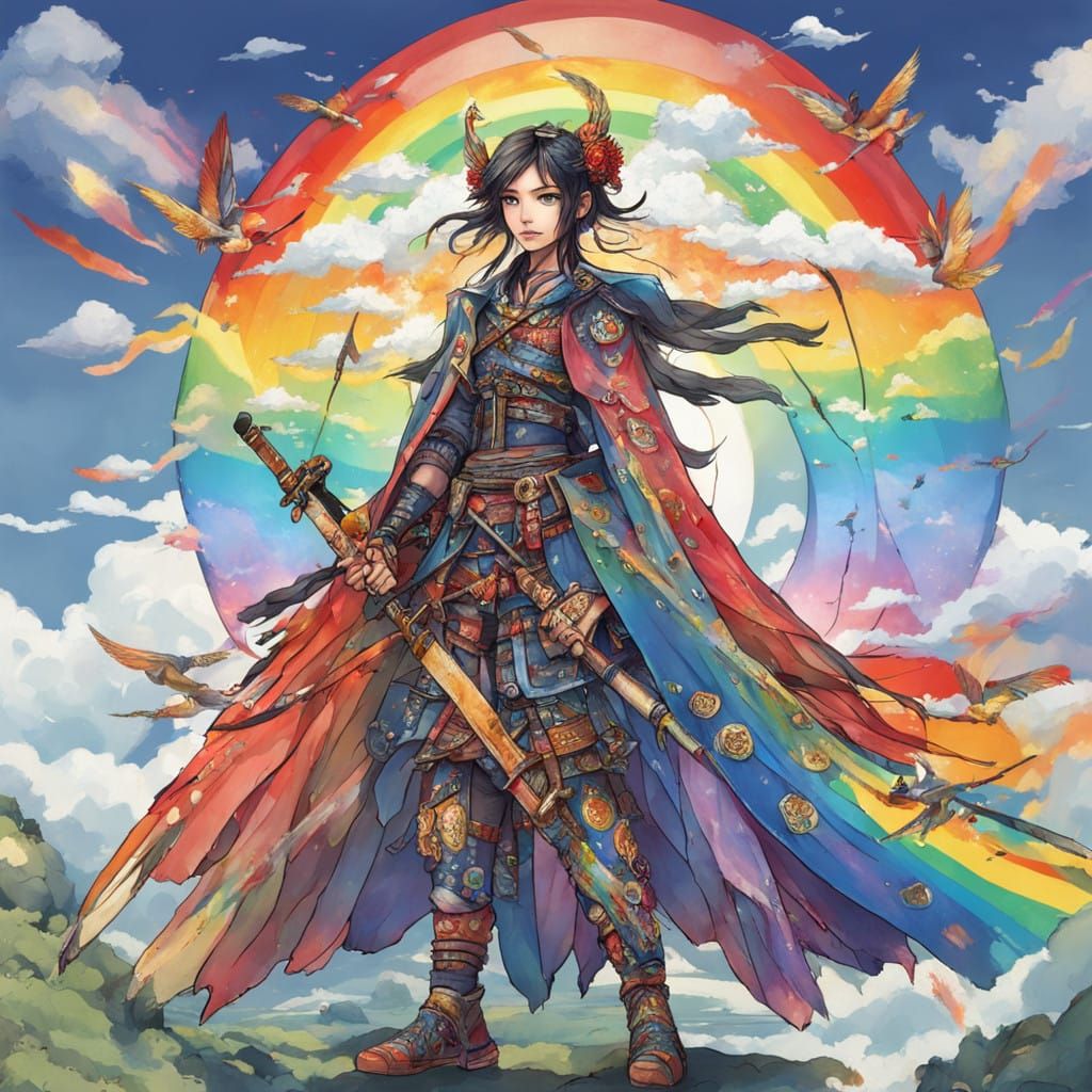 Vibrant Female Samurai Angel in Rainbow Hues