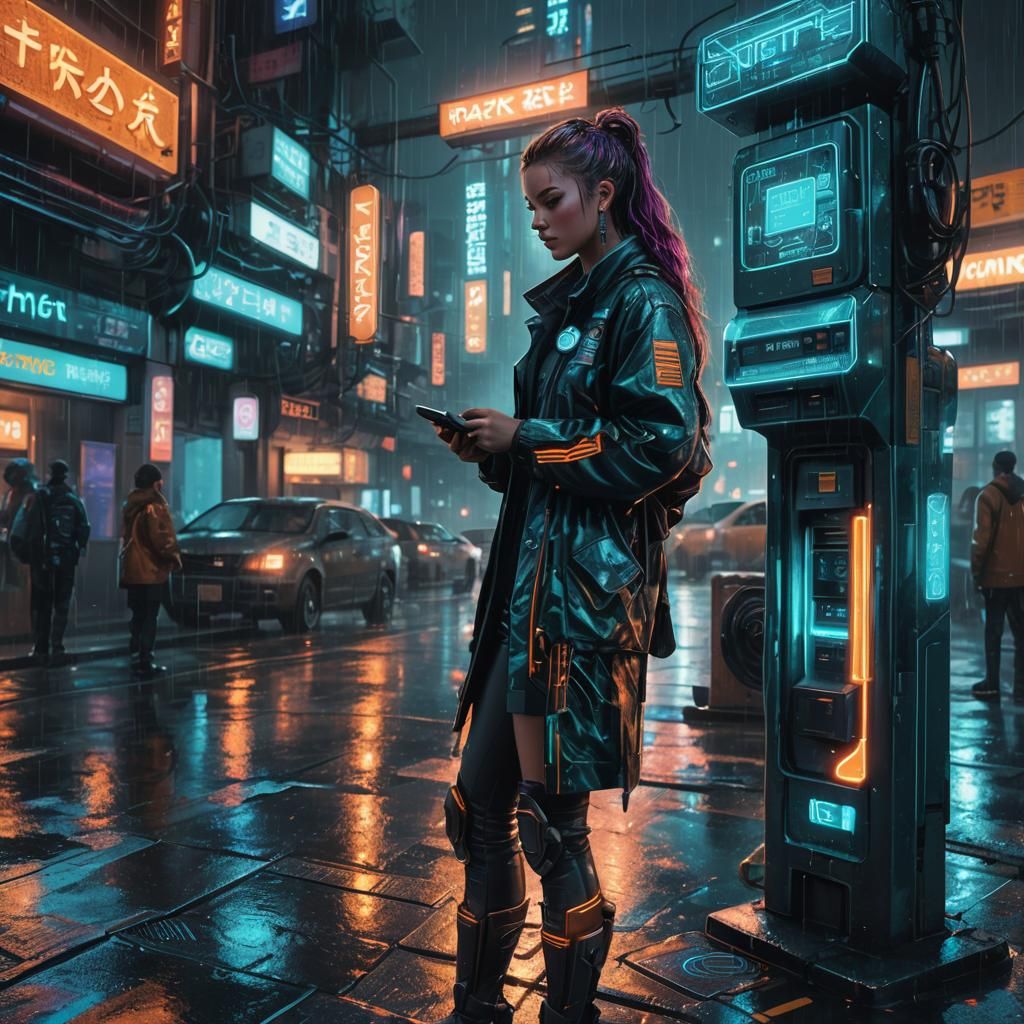 Cyberpunk Metermaid Inspects Holographic Parking Meter