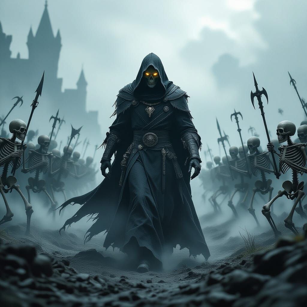 Necromancer Leads Skeleton Army in Gloomy Battlefield