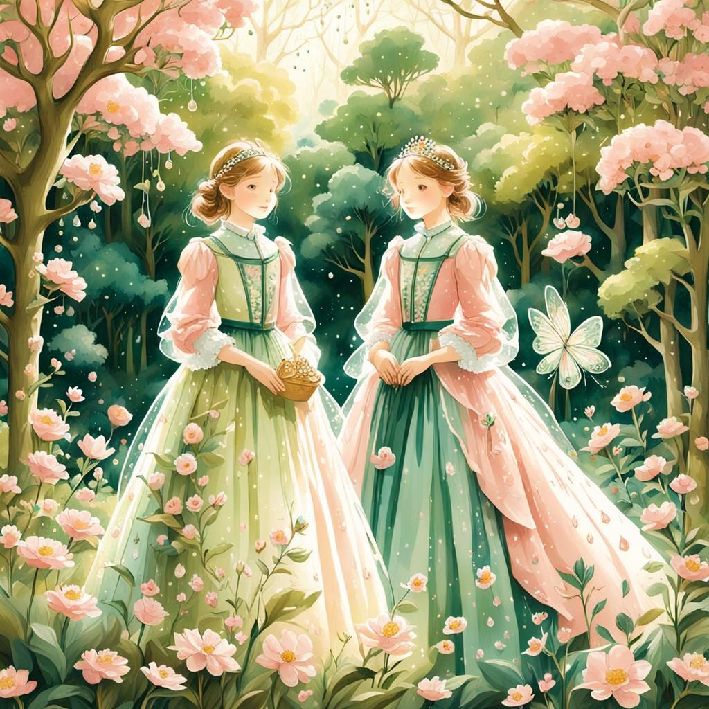 Twin Princesses in a Lush Garden, Whimsical Illustration