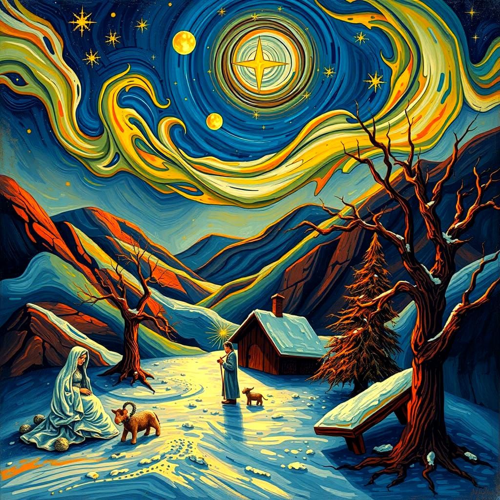 A modernist winter landscape of Bethlehem on Christmas night, with Marie, Joseph, and the nativity scene set amidst roll...