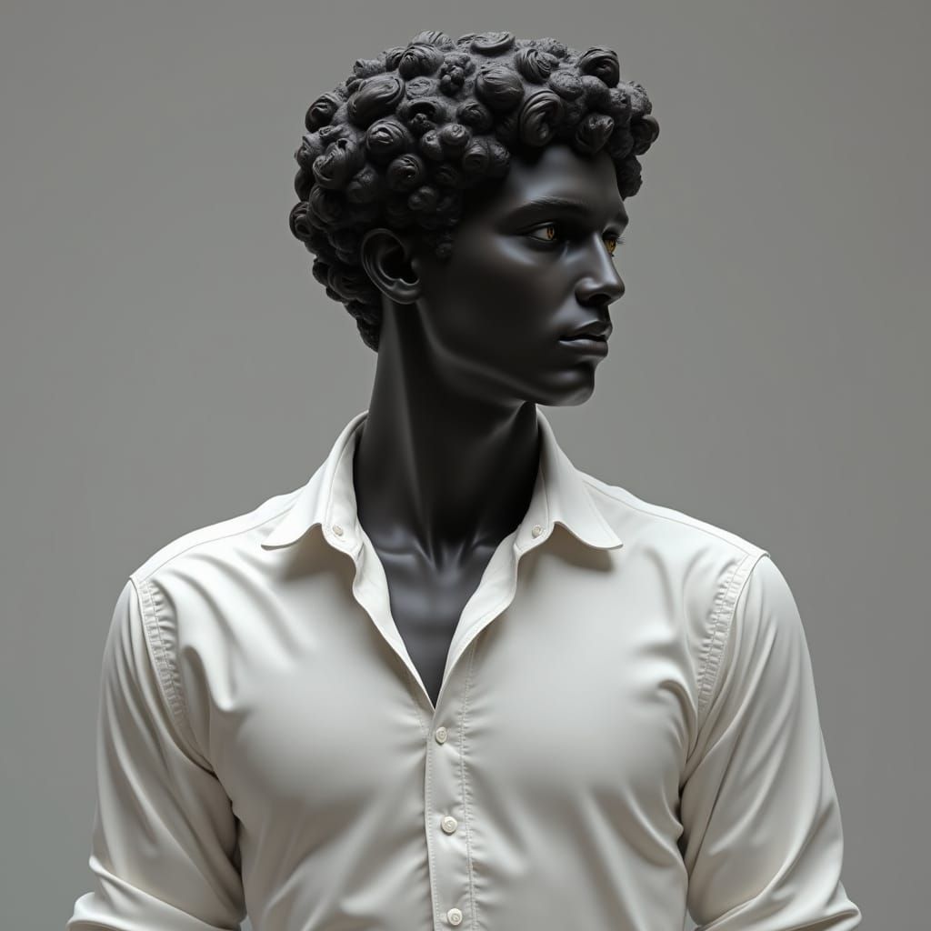 Sculpted Black Adonis in White Shirt, Digital Art