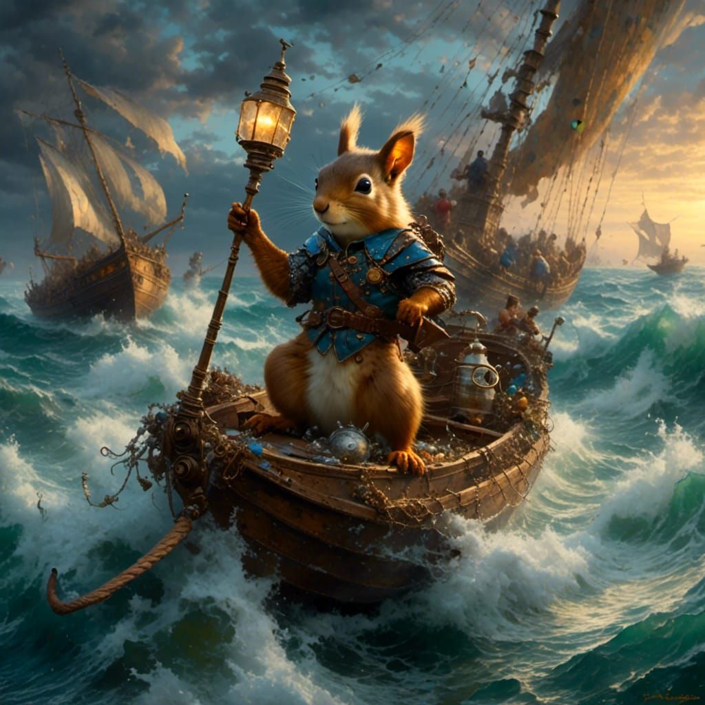 Squirrel Knight Sails Stormy Sea with Lantern