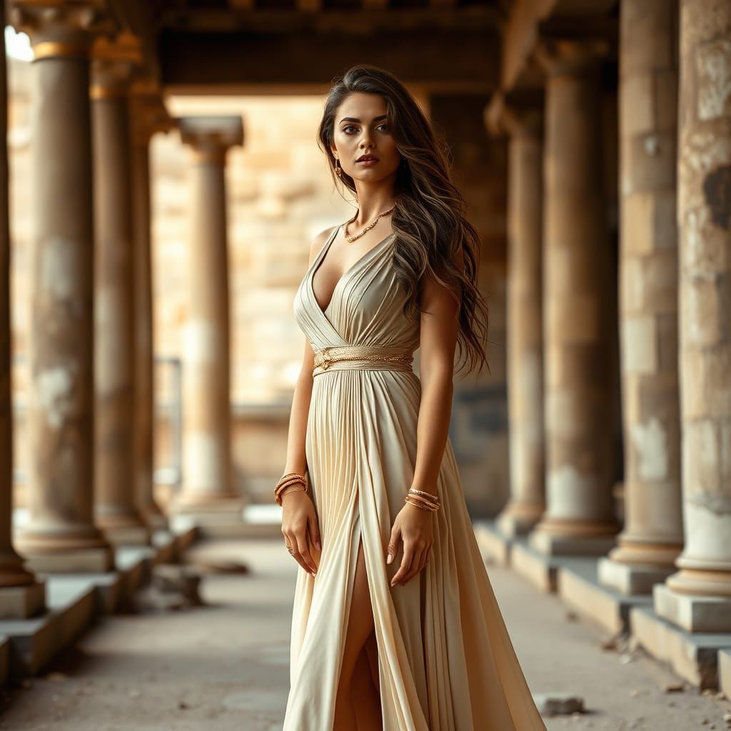 Elegant Woman in Roman Ruins, Boho-Chic Style