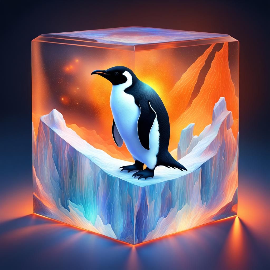 Penguin in Glass Cube with Orange Polar Lights