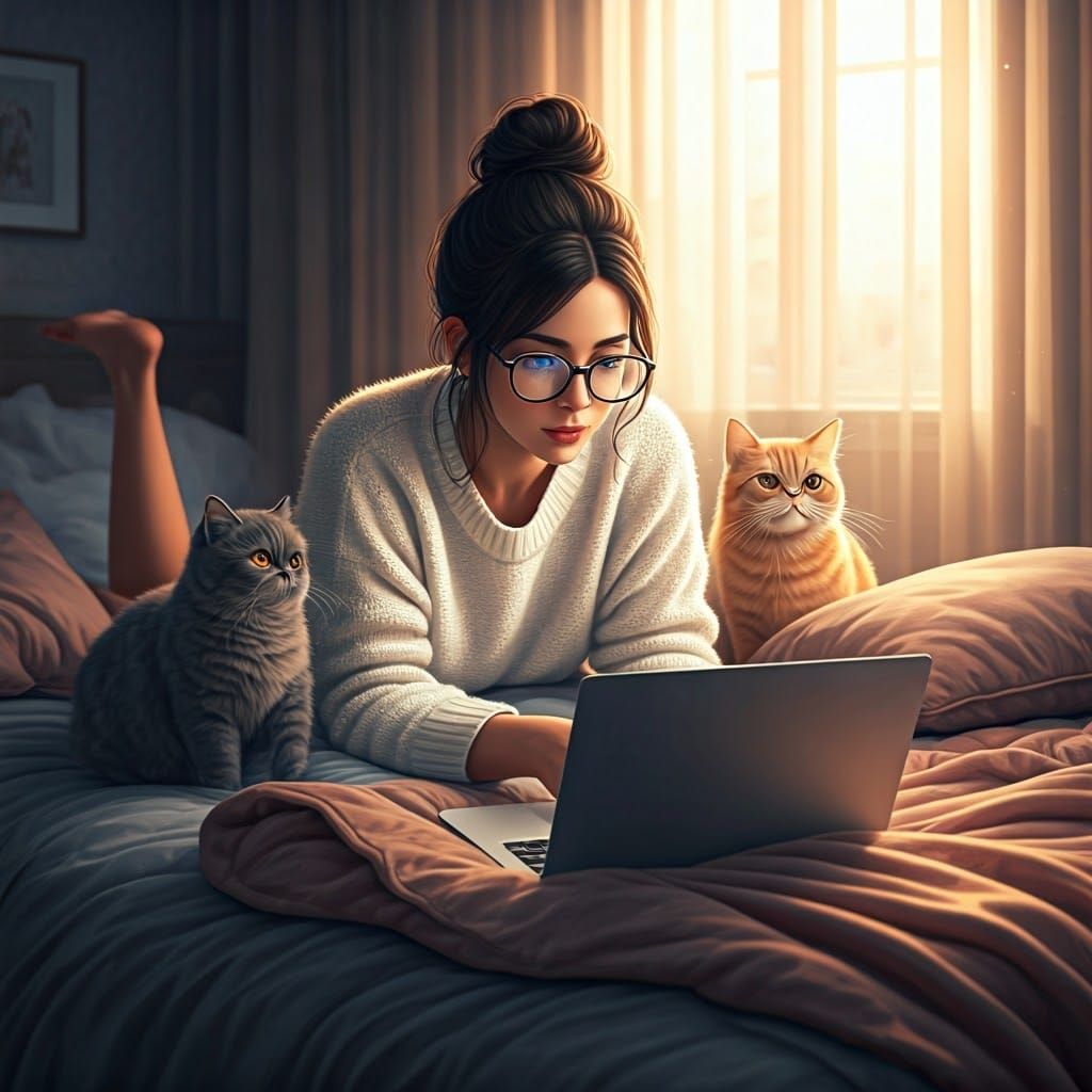 Woman in Cozy Study with Cats