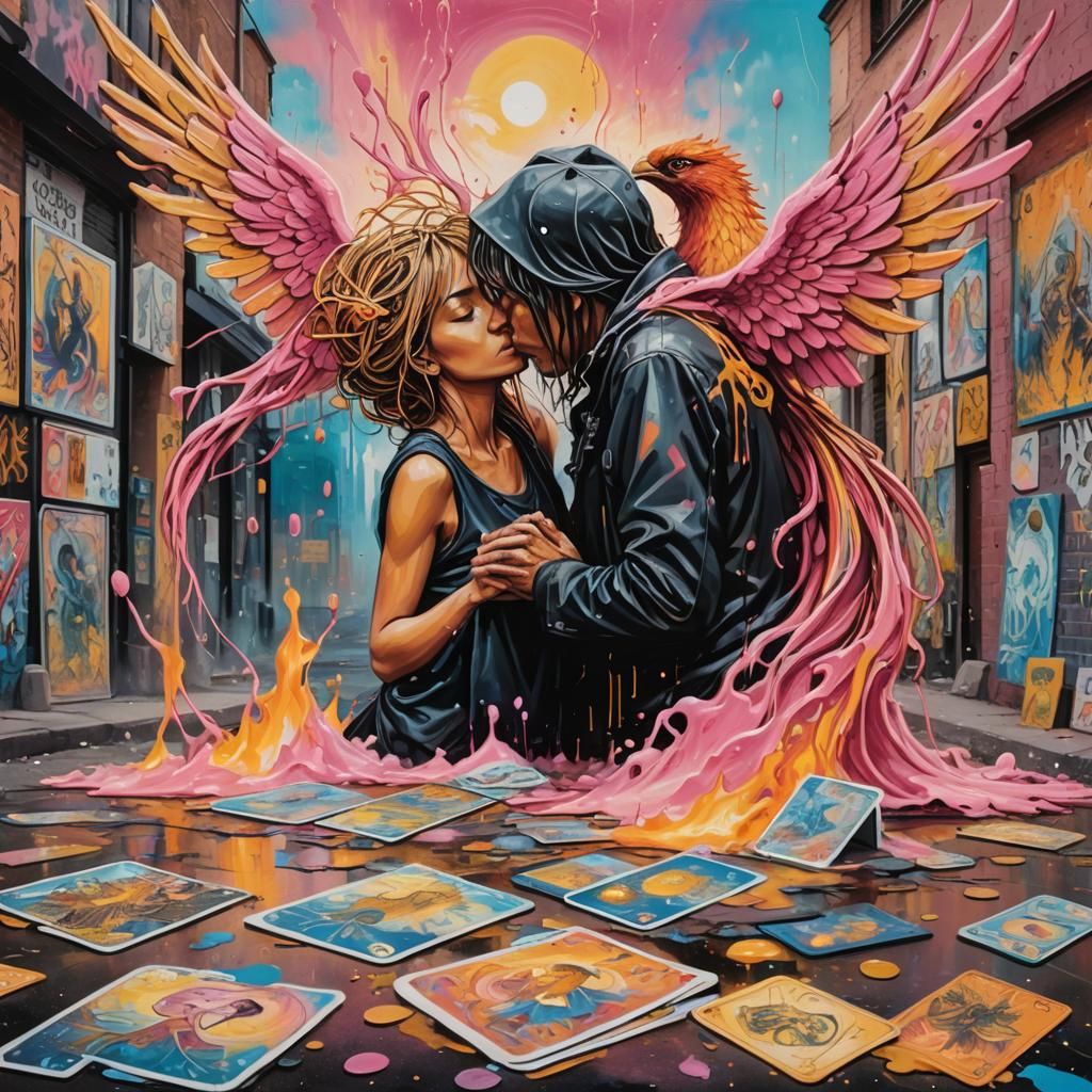 Graffiti Art: Lovers Kissing at Crossroads with Phoenix