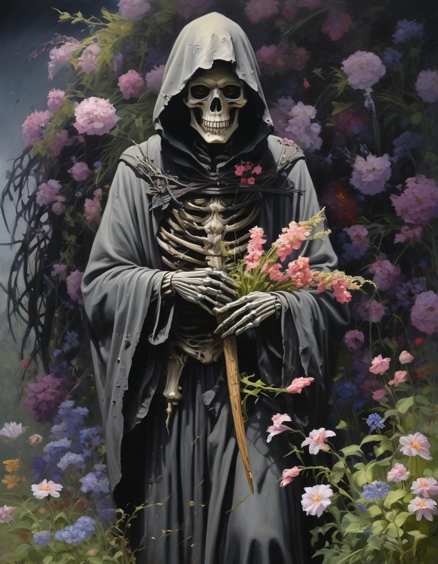 Floral Grim Reaper Oil Painting