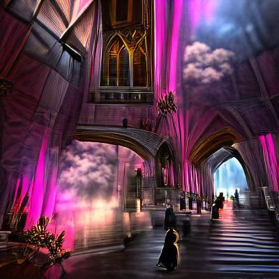 Gothic Cathedral Hall to Pink Cloud Sky