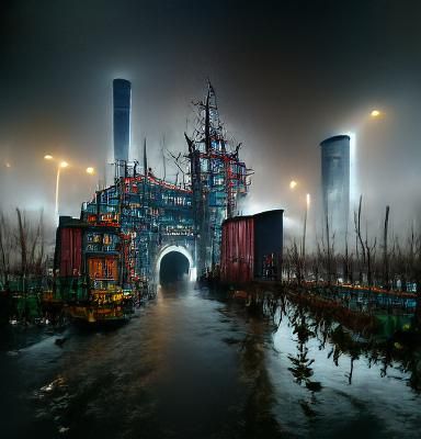 Ominous Industrial Port City in Dieselpunk Style