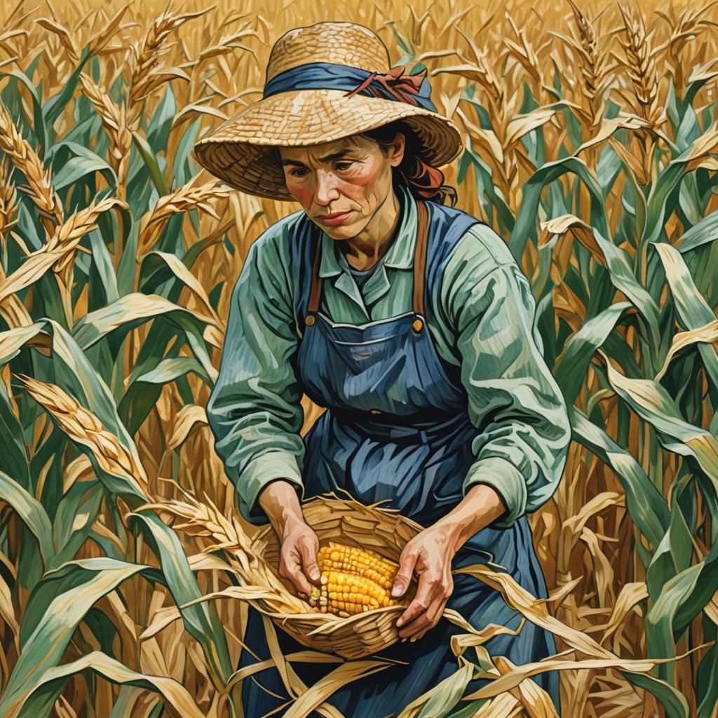 Woman Harvesting Corn: Van Gogh-Style Impressionism