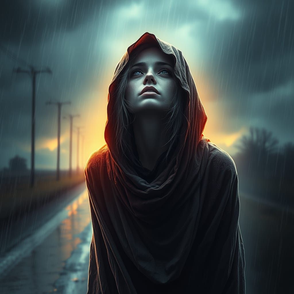 Mysterious Spirit in a Desolate Rainy Landscape