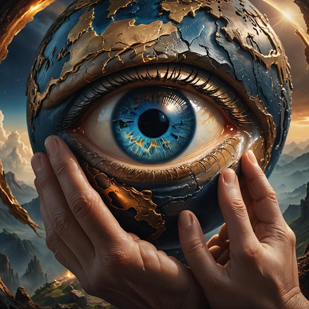 Hand Holding Earth with Sorrowful Eye