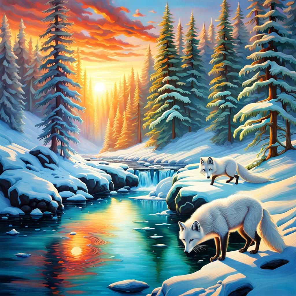 Arctic Fox Drinks in Snowy Mountain Landscape