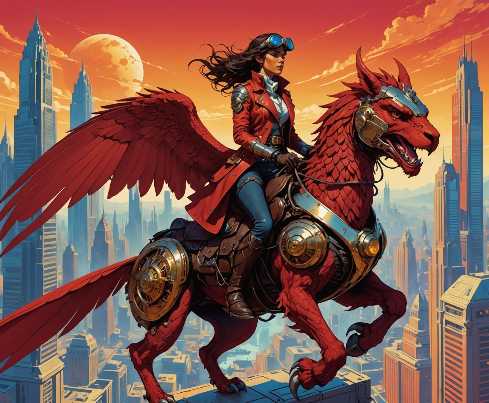 Steampunk Valkyrie Rides Gryphon Through Neon City