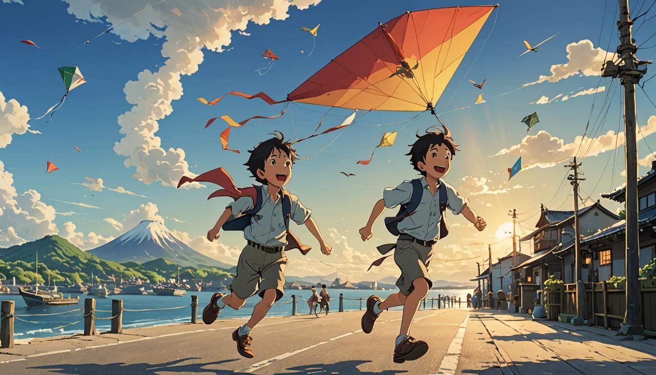 Happy Japanese boy, running with his kite, in a Japanese port in the 1930s