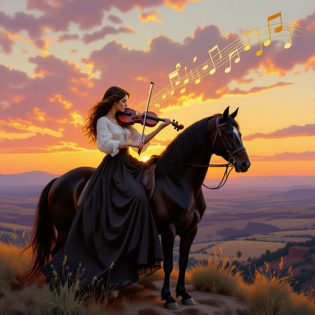 Girl on Horse at Sunset with Music Notes, Oil Painting