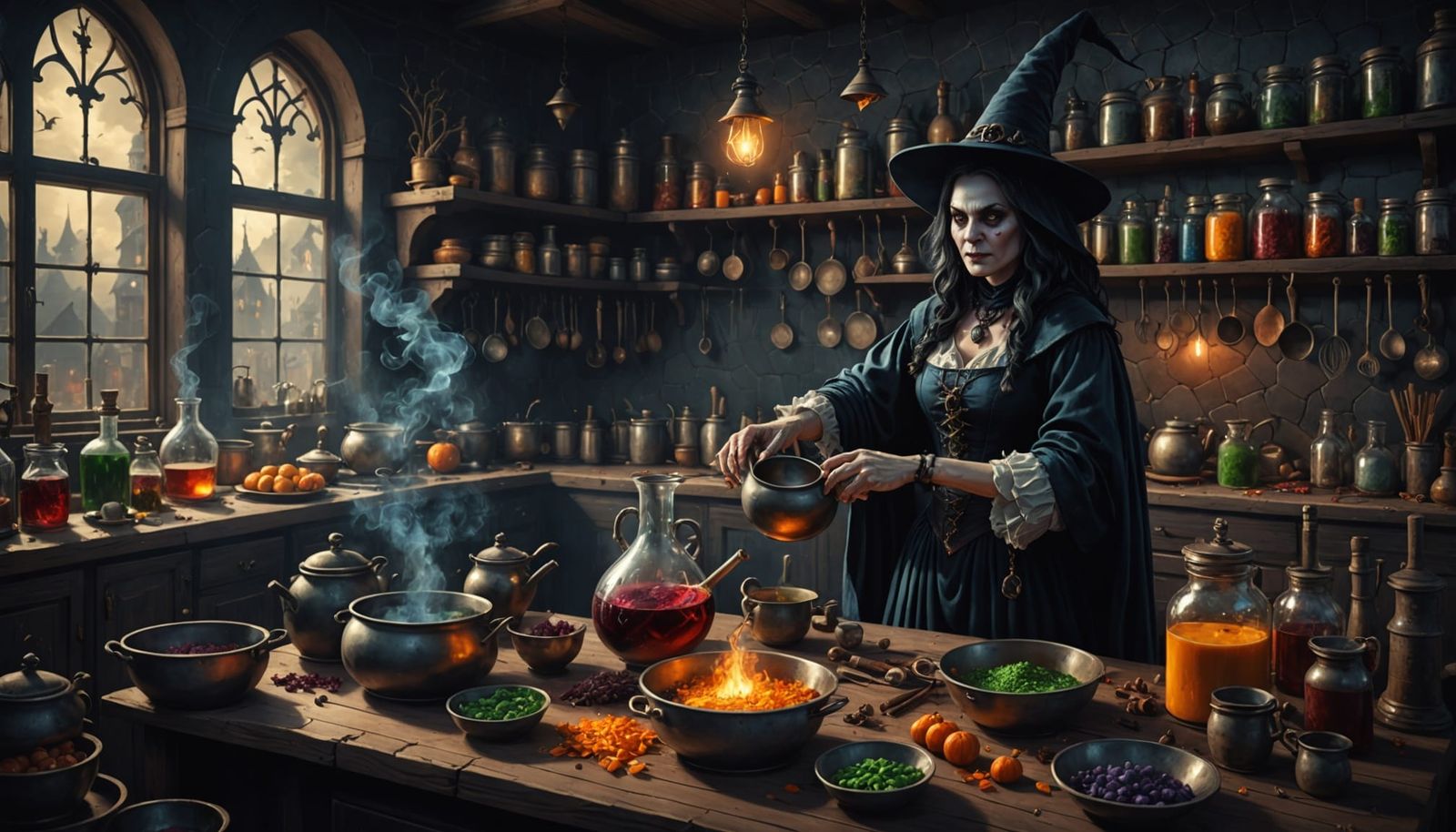 Evil Witch Brews Potions in Gothic Horror Kitchen