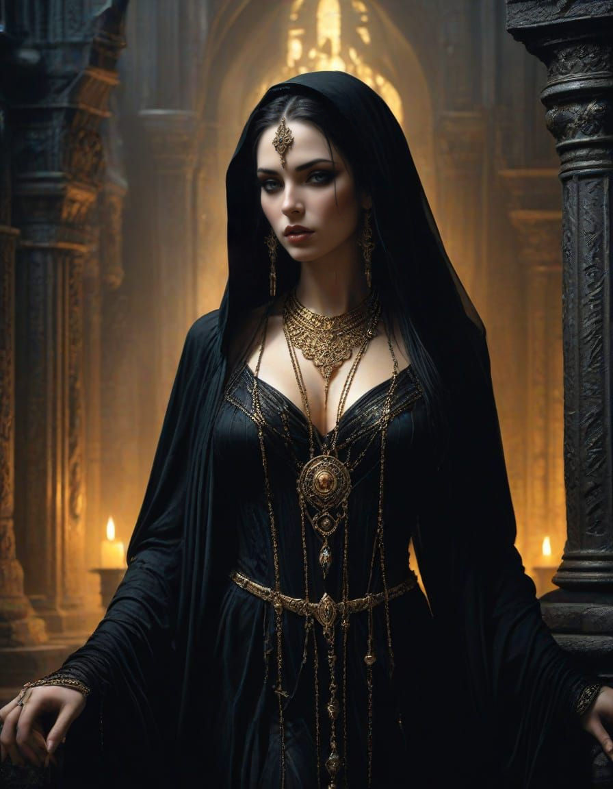 Gothic Priestess in Mystical Temple