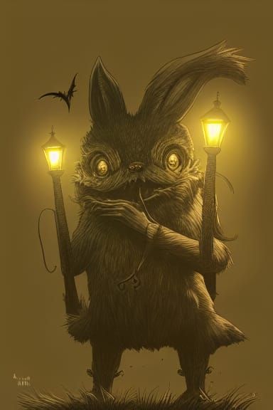 Cryptid Creature Under Streetlamp: Dark Fantasy Illustration