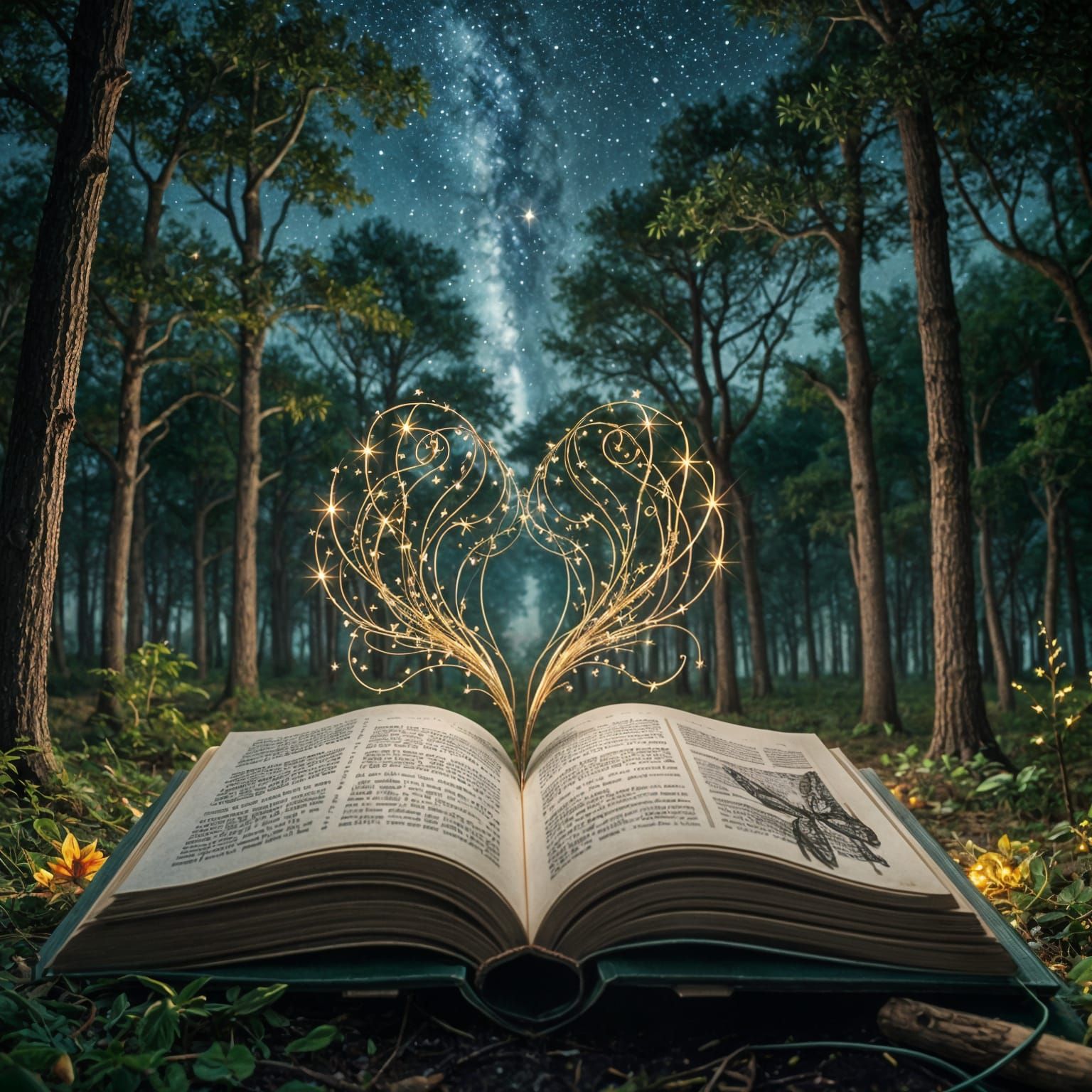 Open Book in Forest Under Stars, Hyper-Realistic Art