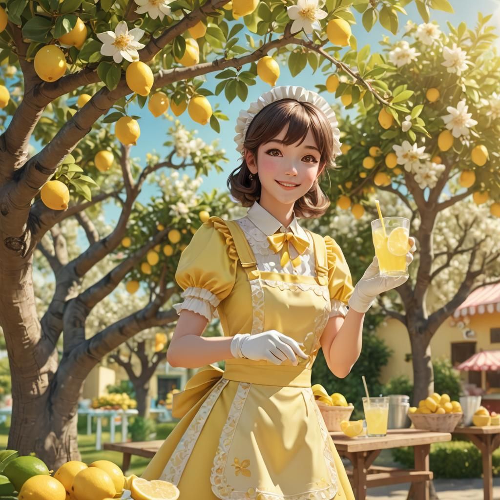 Lemon Maid Serving Lemonade: Kawaii Digital Art