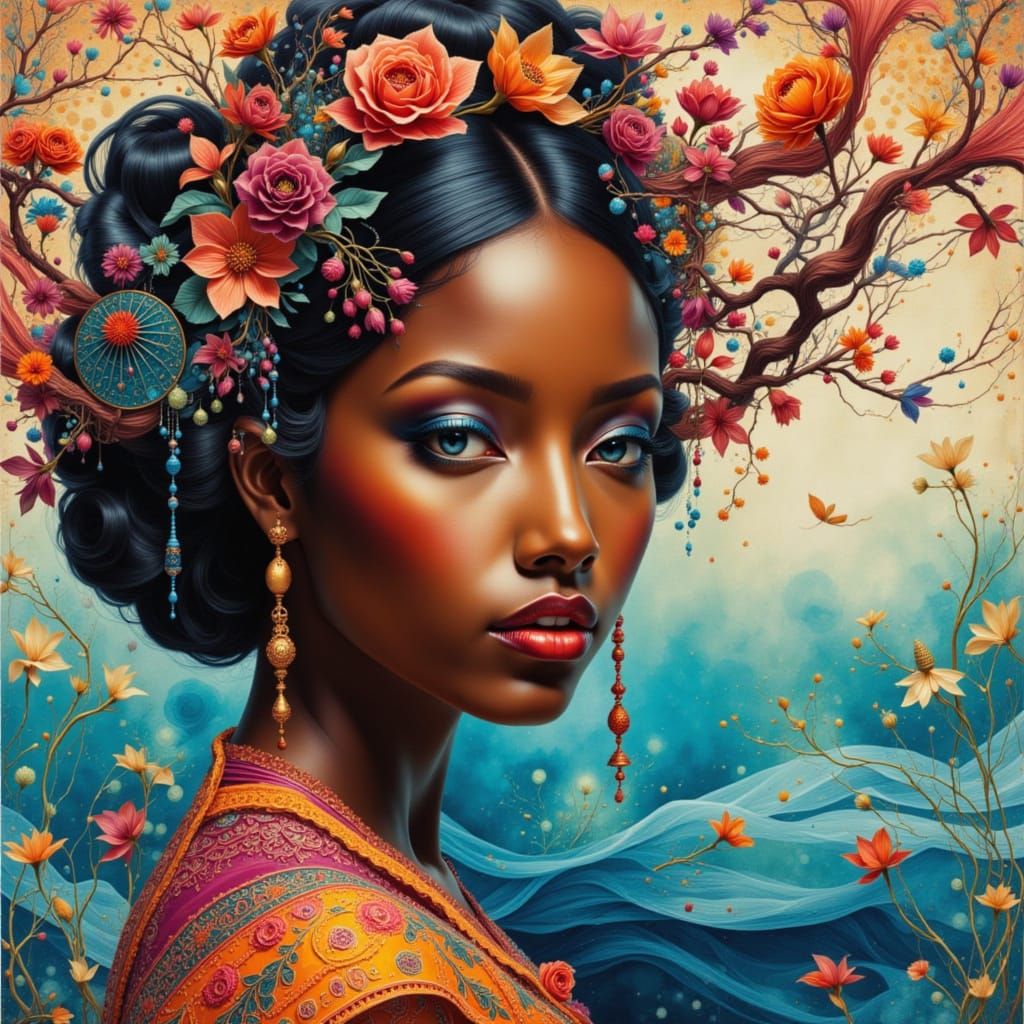 Ethereal Central American Woman in Flowing Ocean Scene