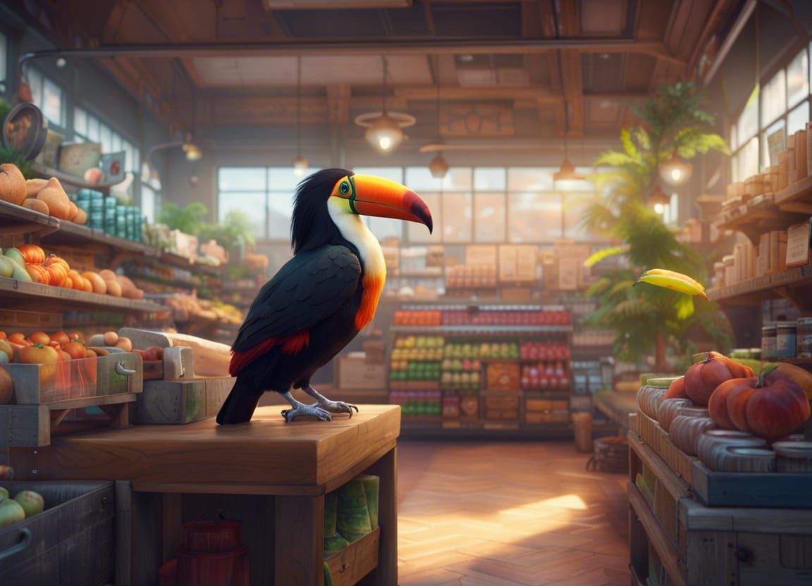Toucan Shops at Supermarket: Contemporary Fantasy Oil Painti...