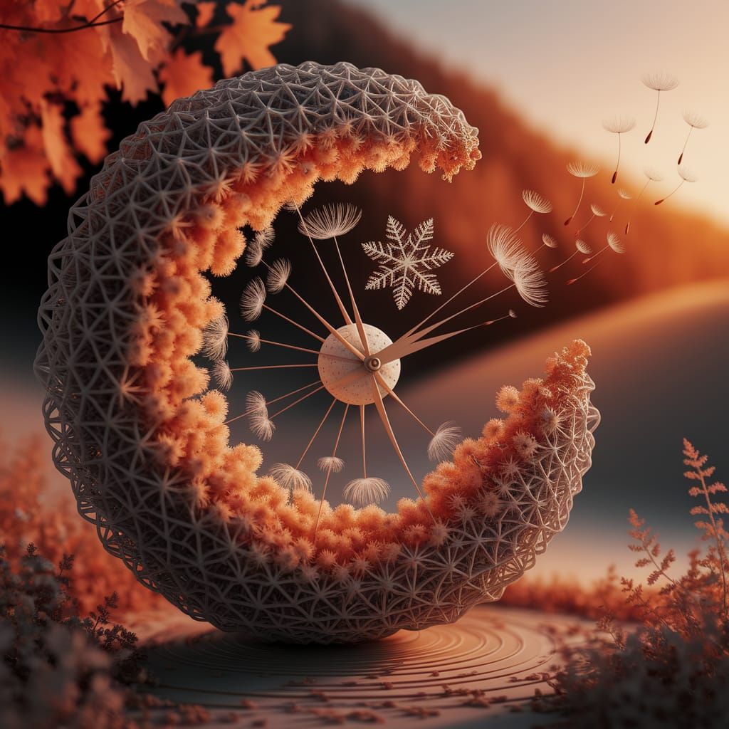 Fantasy Art: Clock Like Spiderweb Adorned with Dandelion Han...