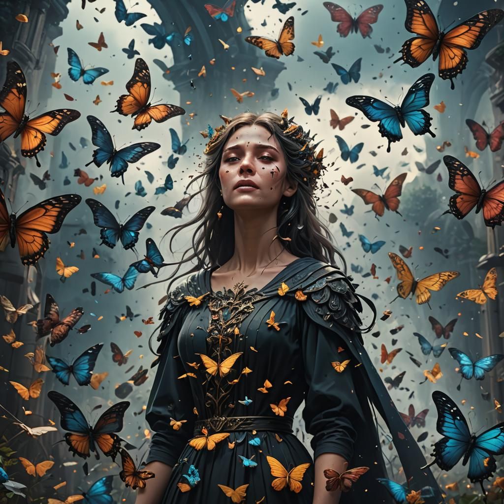 Crying Woman with Butterflies in Detailed Matte Painting
