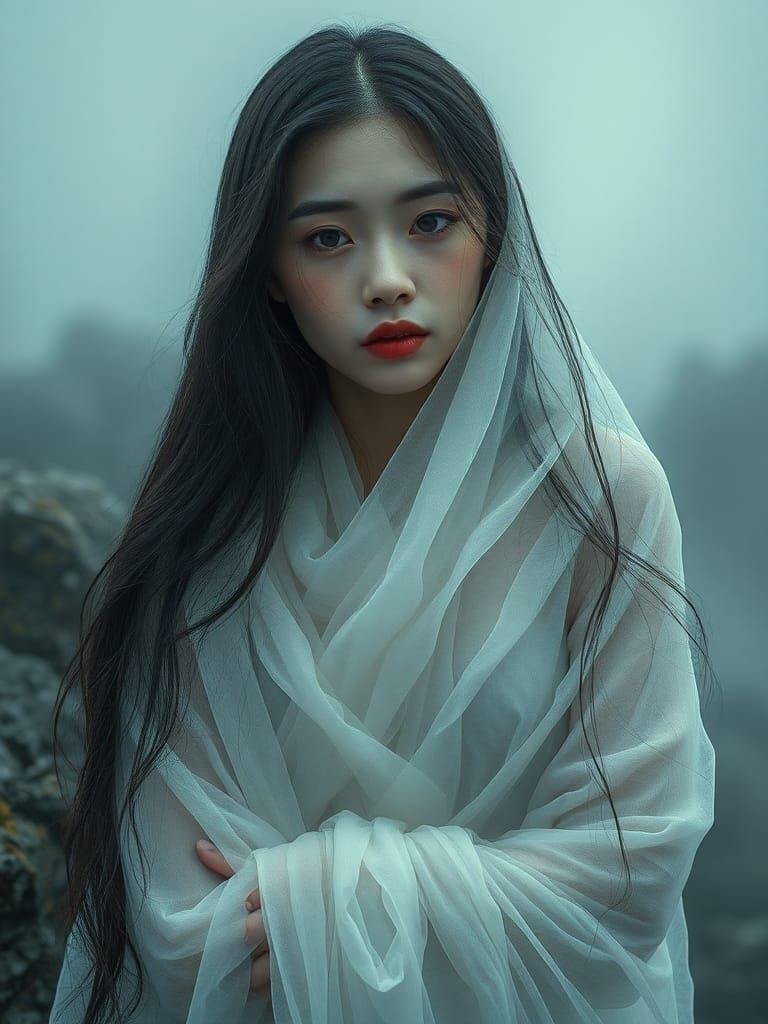 Ethereal Asian Woman in Fog: Realm of Mystery