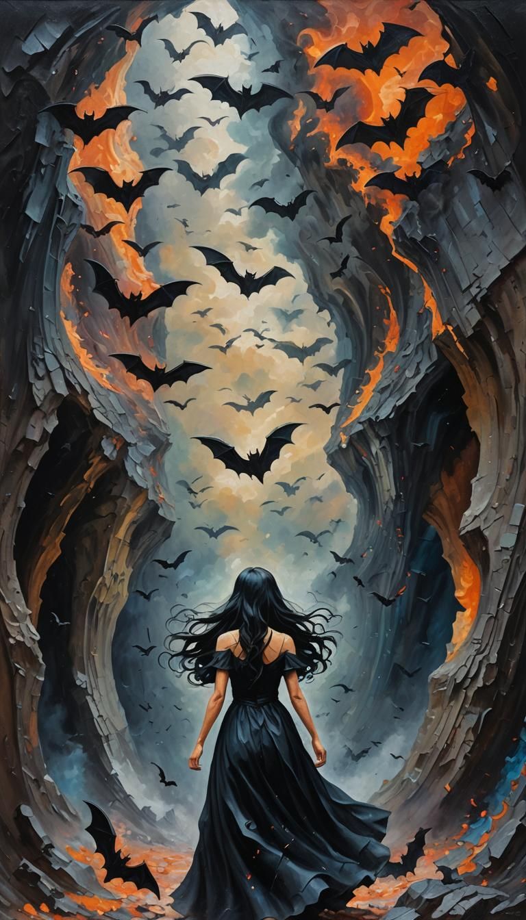 Ethereal Woman in Cave with Bats: Neo-Impressionism