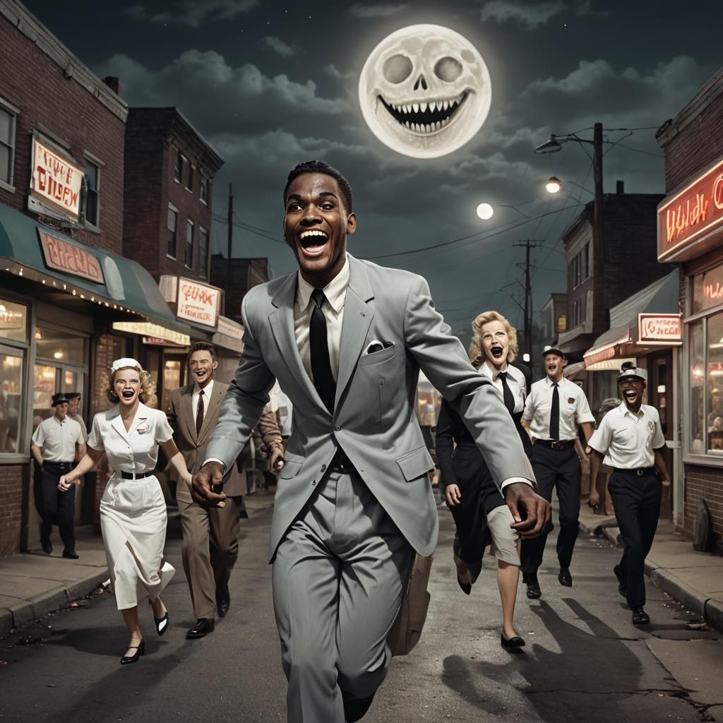 Creepy 50s Figures in a Vintage Town, Digital Art