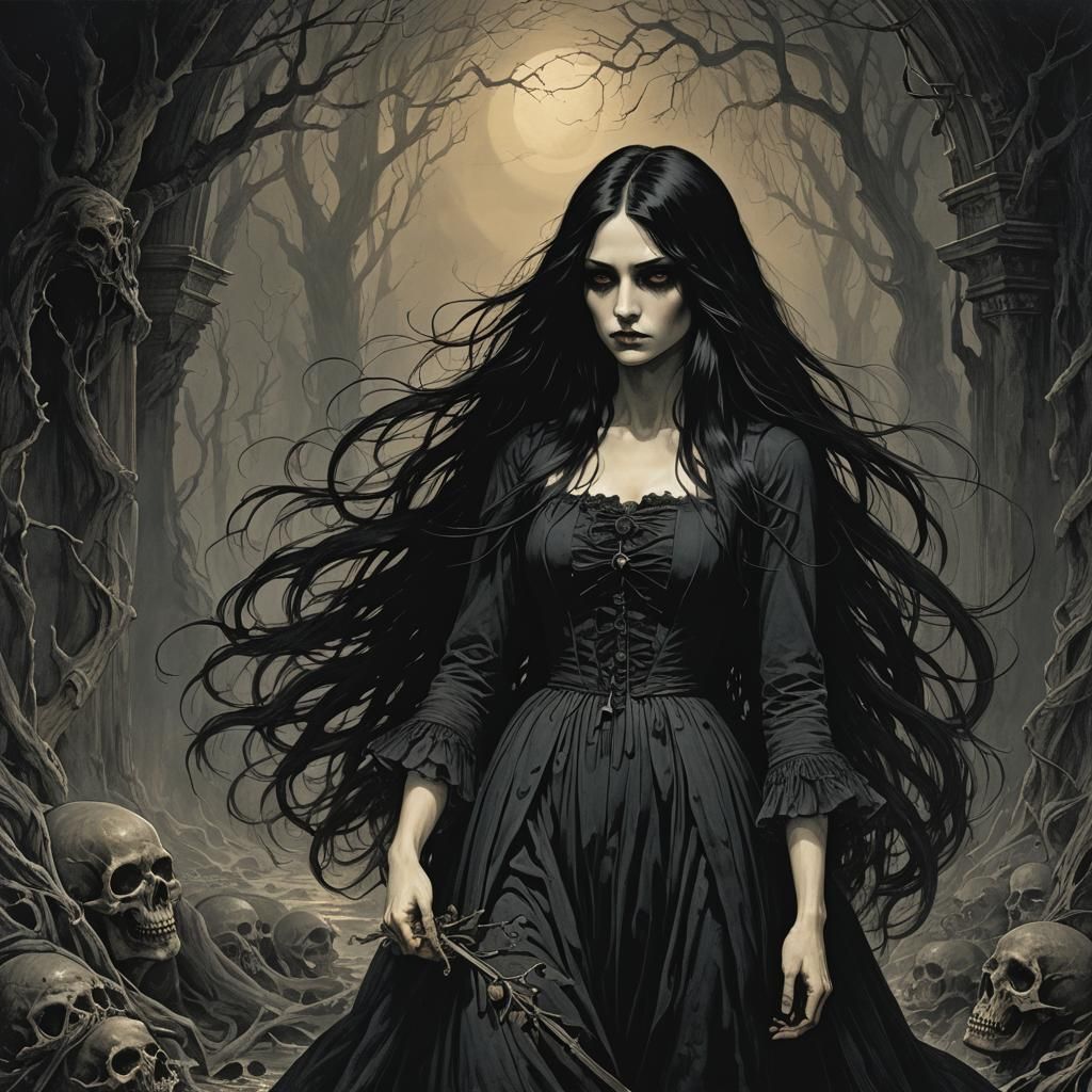 Gothic Rosegirl in Horror Engraving Style