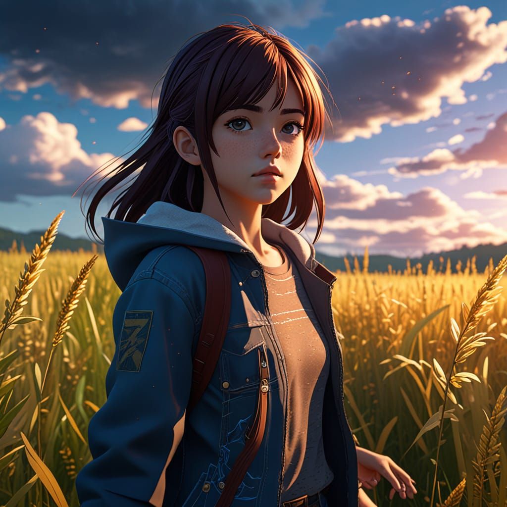 Anime Girl in Field with Cinematic Lighting